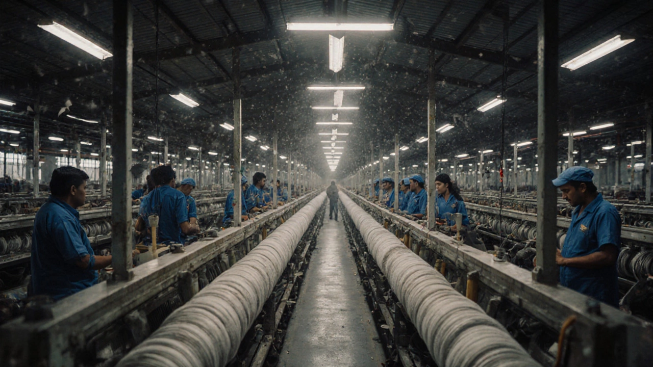 Interior of a textile spinning hall with hundreds of automated machines and workers in blue uniforms.
