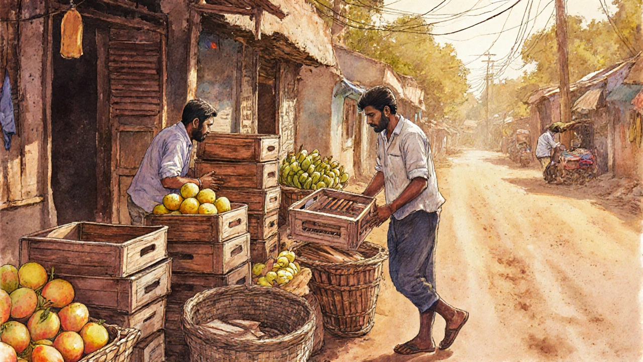 Man trading carpentry skills for scrap wood with a fruit vendor in rural Tamil Nadu.