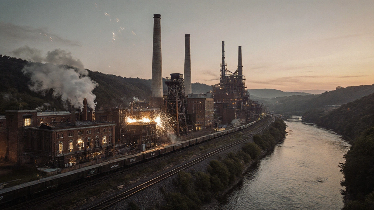Mon Valley Works complex with historic blast furnace and coke works beside a river at dusk.