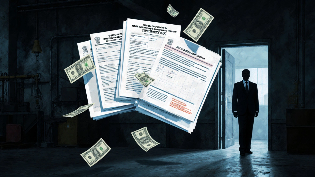 Official factory permits floating above machinery, rupee notes falling through them, shadowy observer in doorway.