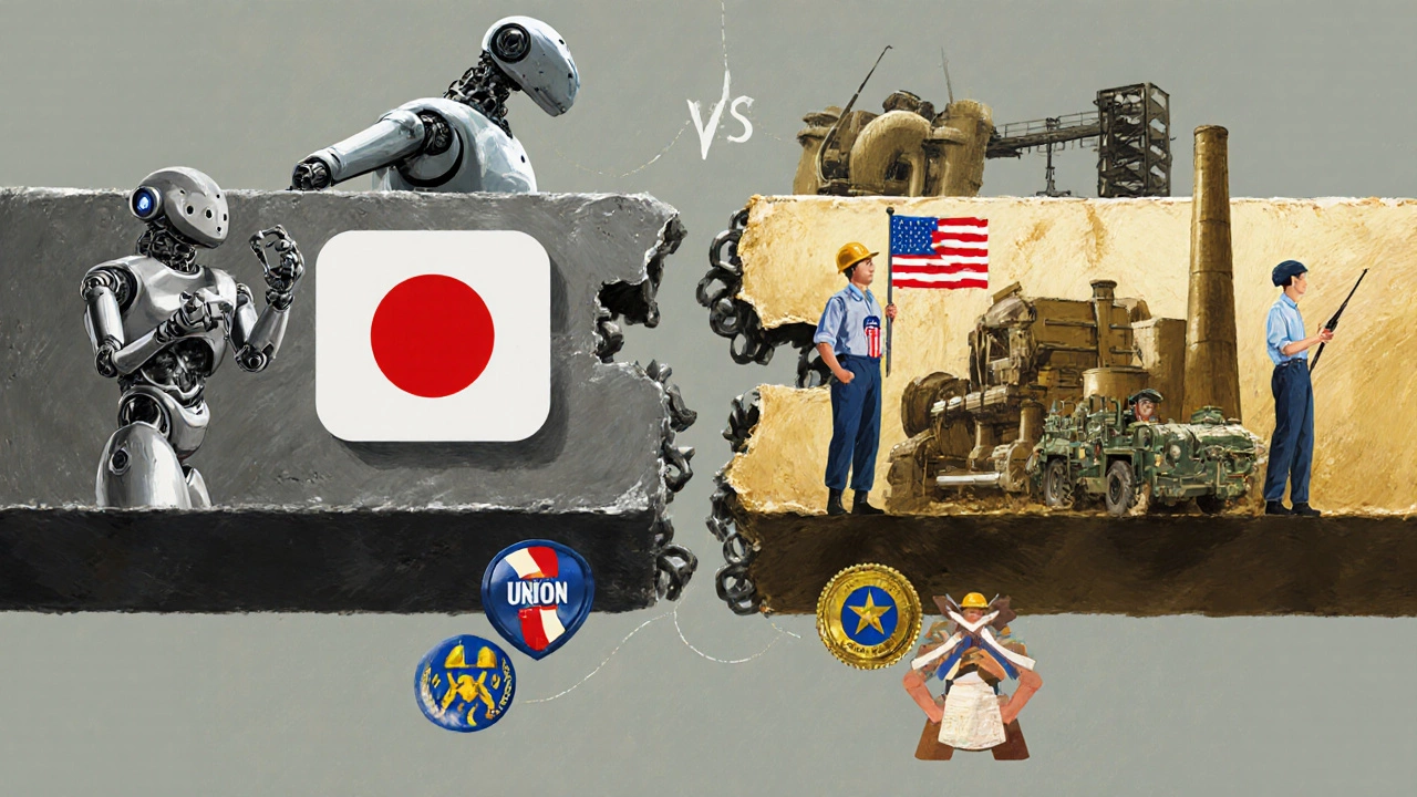 Steel beam splitting into Japanese corporate and American worker symbols.