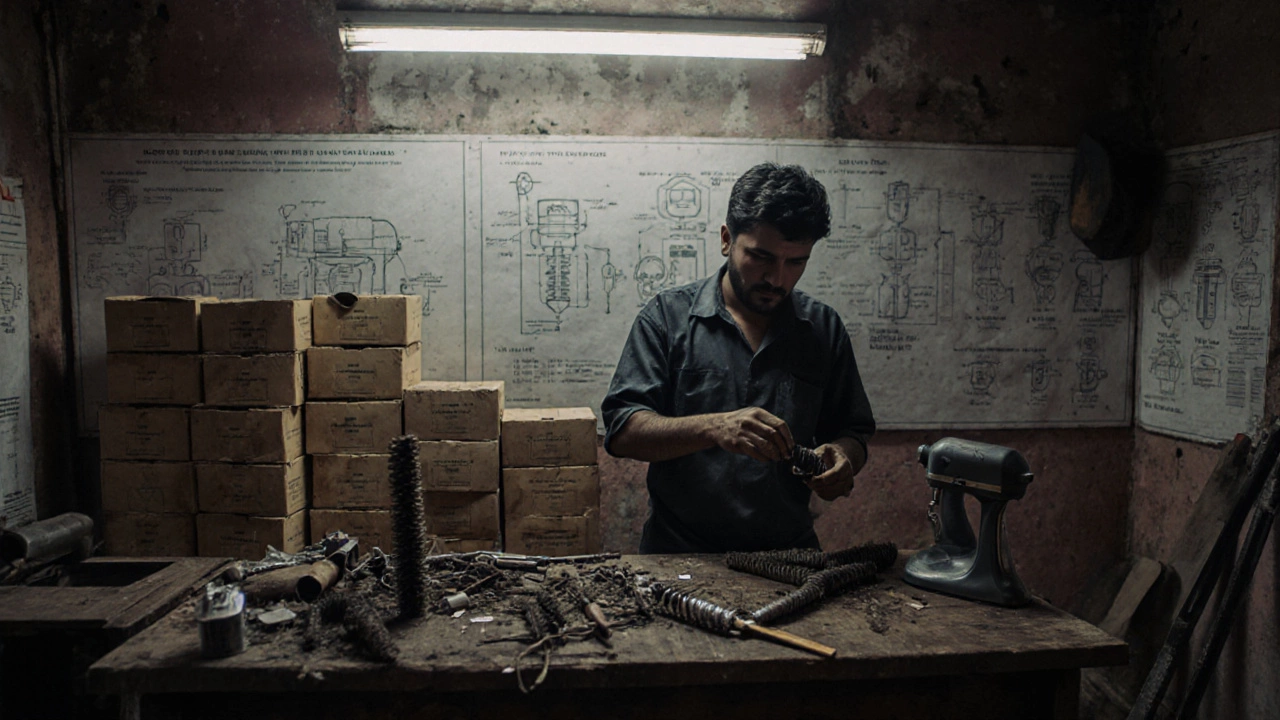 Technician holding a replacement motor brush in a small repair shop with scrap metal tools.
