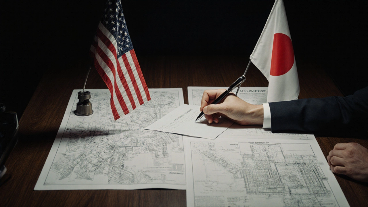 Tense boardroom with U.S. and Japanese flags facing off over steel mill blueprints.
