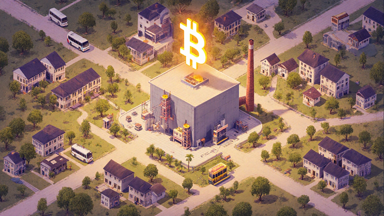 The Vardhman mill surrounded by a community of homes, schools, shops, and buses, with a digital traceability symbol above.