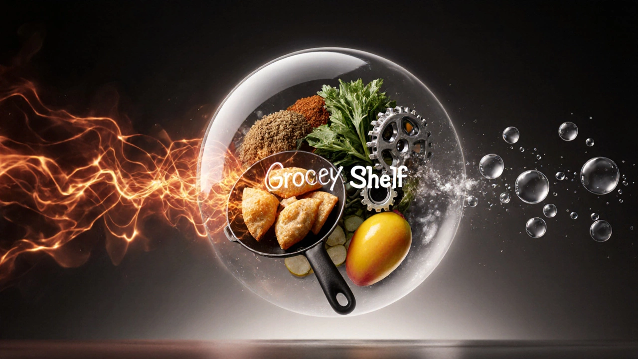 Three food processing types visualized as thermal waves, mechanical gears, and chemical droplets forming a grocery shelf.