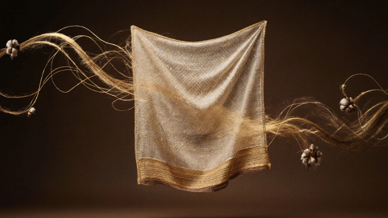 Translucent Chanderi sari floating with threads connecting to rural Indian villages