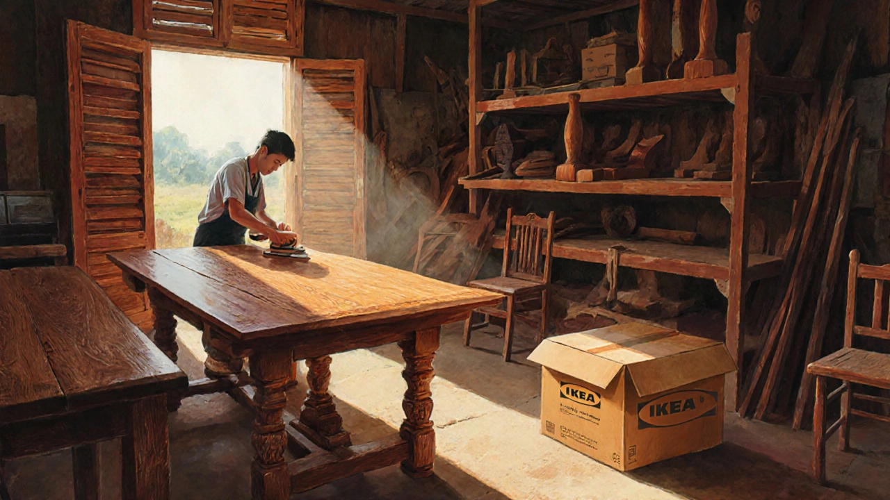 Vietnamese artisans hand-finishing solid teak furniture in a sunlit workshop.