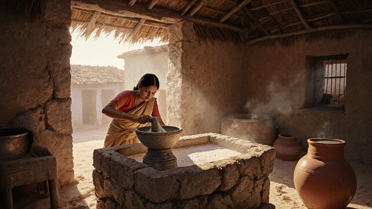 Woman grinding lentils with a traditional stone chakki in a sunlit kitchen, preparing dosa batter.