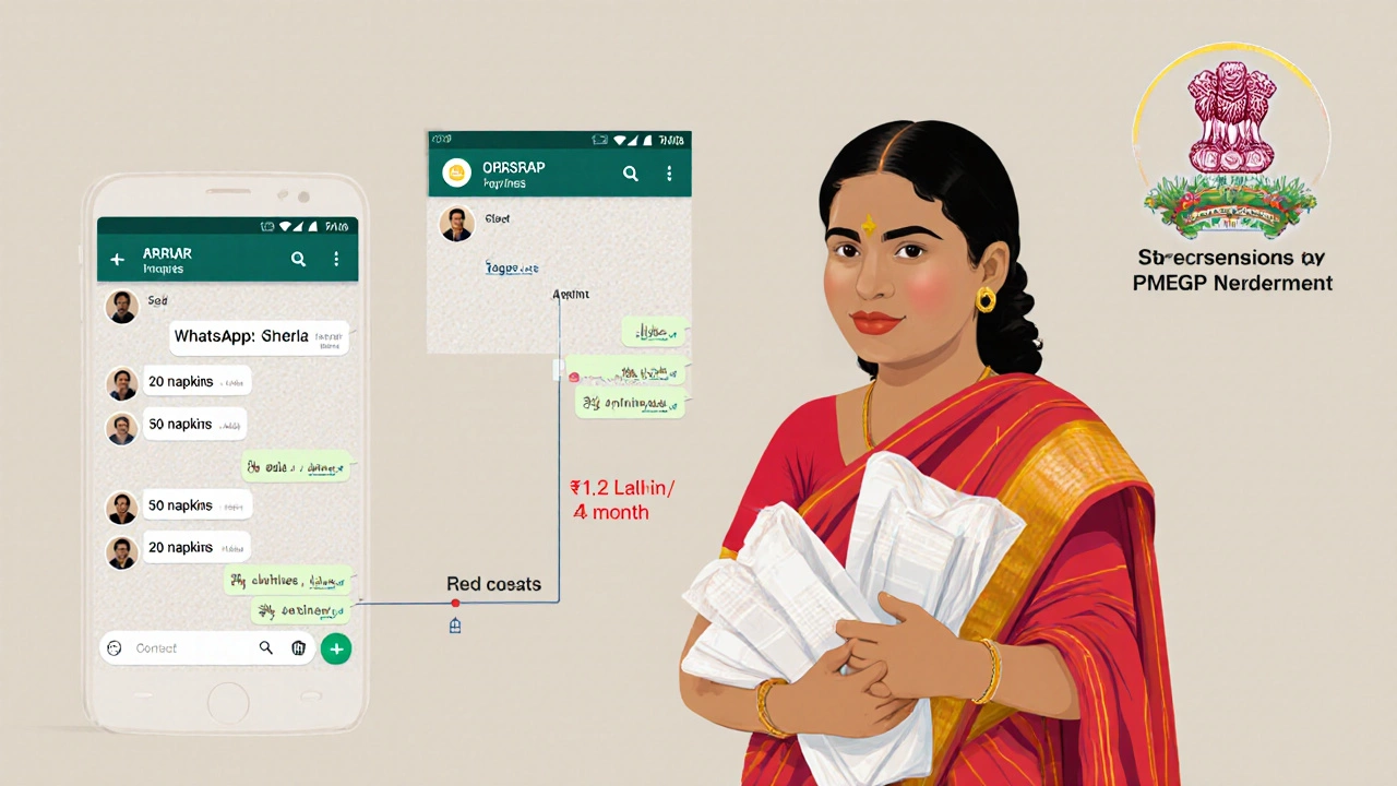 Woman holding cloth napkins made from sarees, with WhatsApp growth timeline in background.