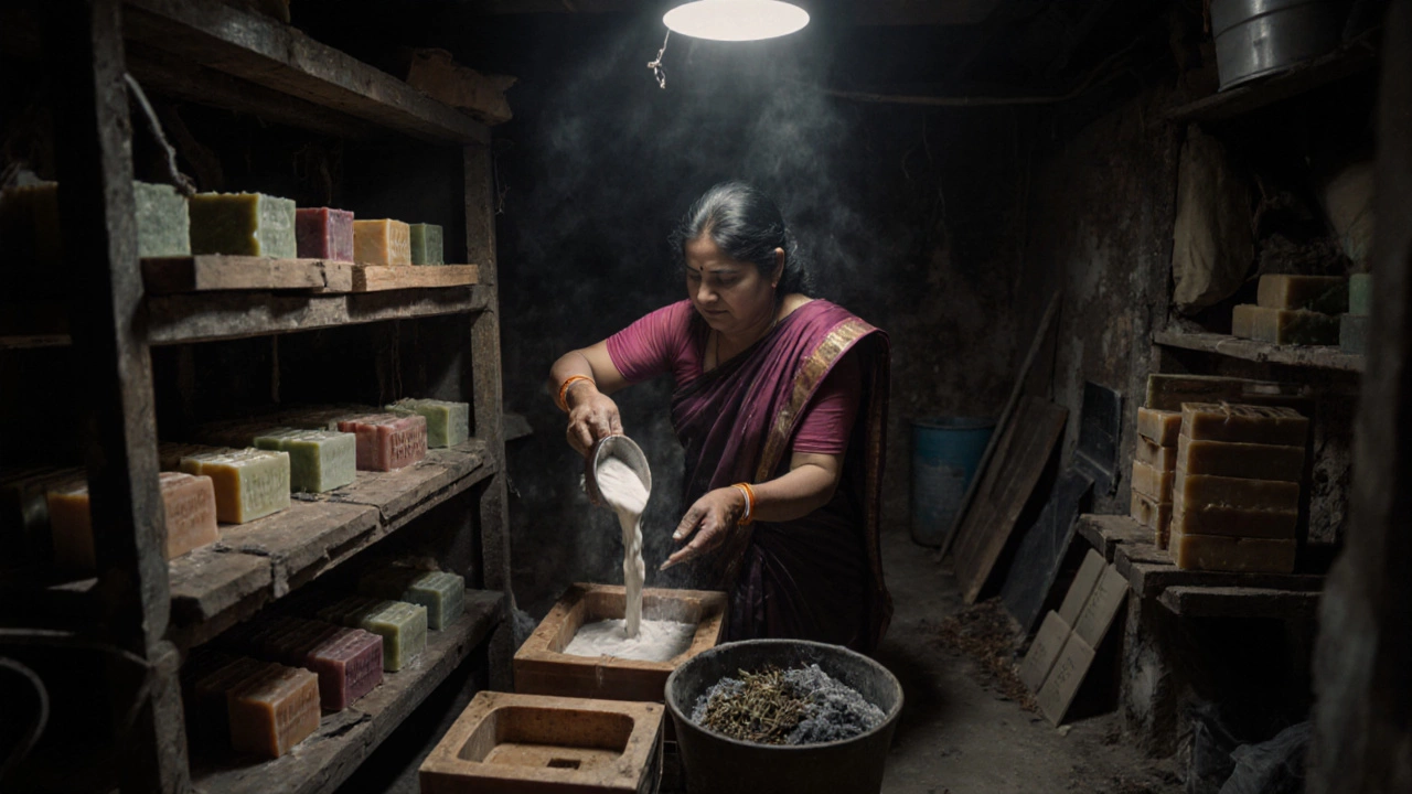 Woman pouring soap mixture into wooden molds in a garage workshop with herbal soaps drying.