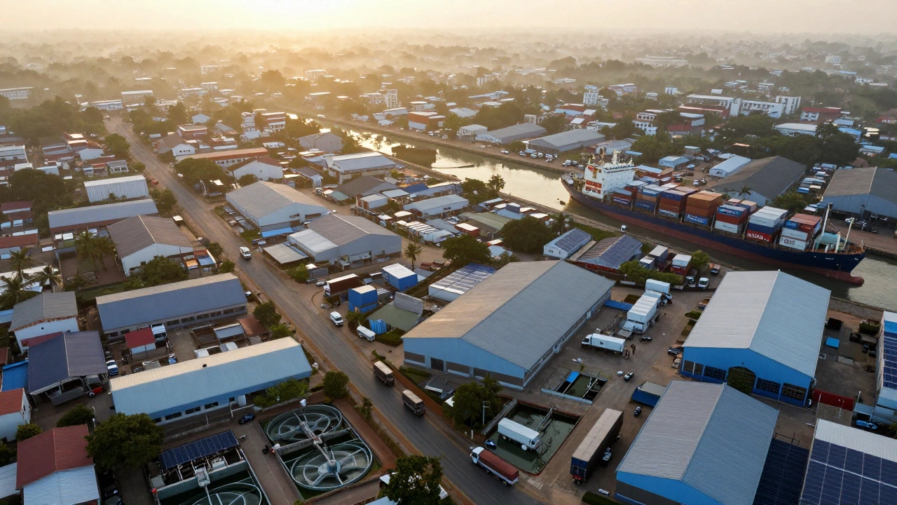Aerial view of Tamil Nadu&#039;s textile hubs and Port of Chennai exporting garments worldwide.