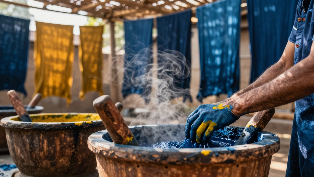 Artisans hand-dyeing fabric with natural indigo and turmeric in Gujarat, India, under bamboo shade.