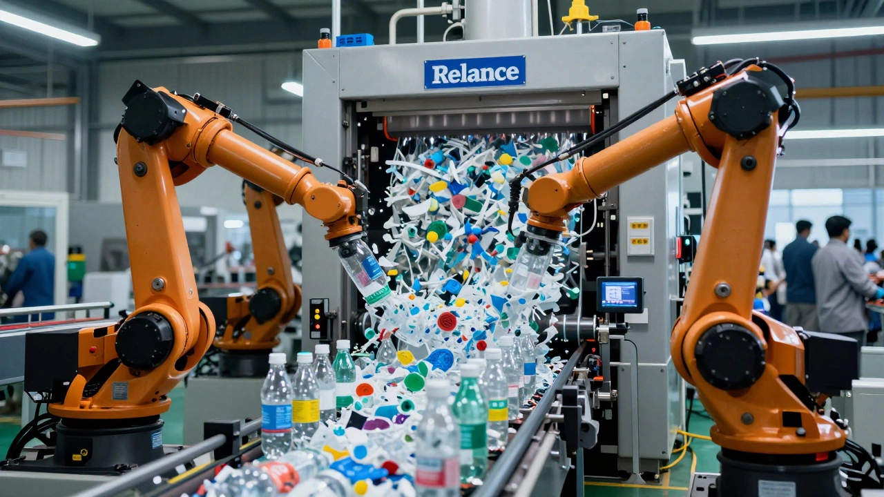 Automated recycling plant where robots process plastic bottles into new synthetic fibers.