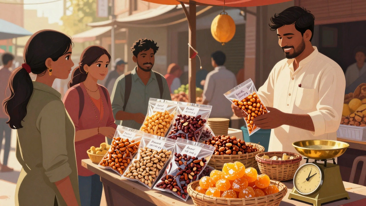 Colorful handmade snacks displayed at a bustling Indian market stall.