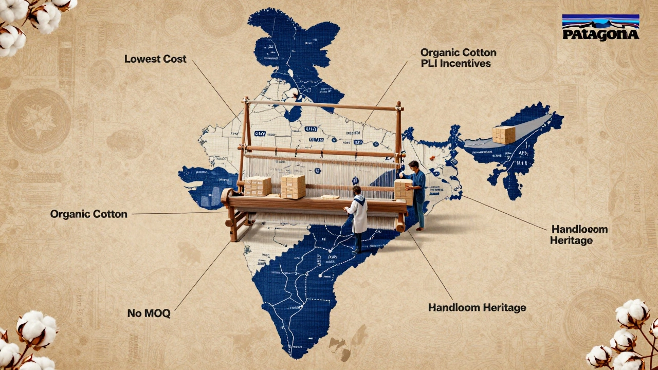 Conceptual map of India as a textile loom connecting farms, factories, and global brands with key advantages.