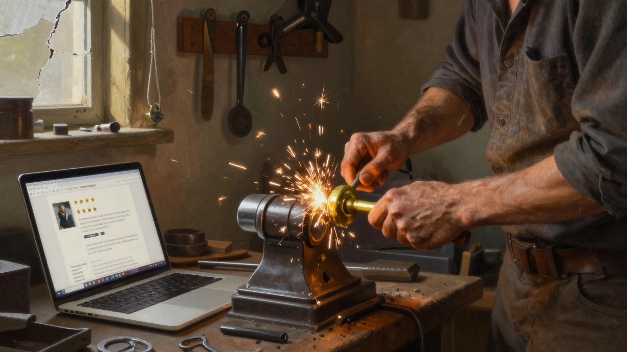 Craftsman shaping a brass door knob on a small lathe in a garage.