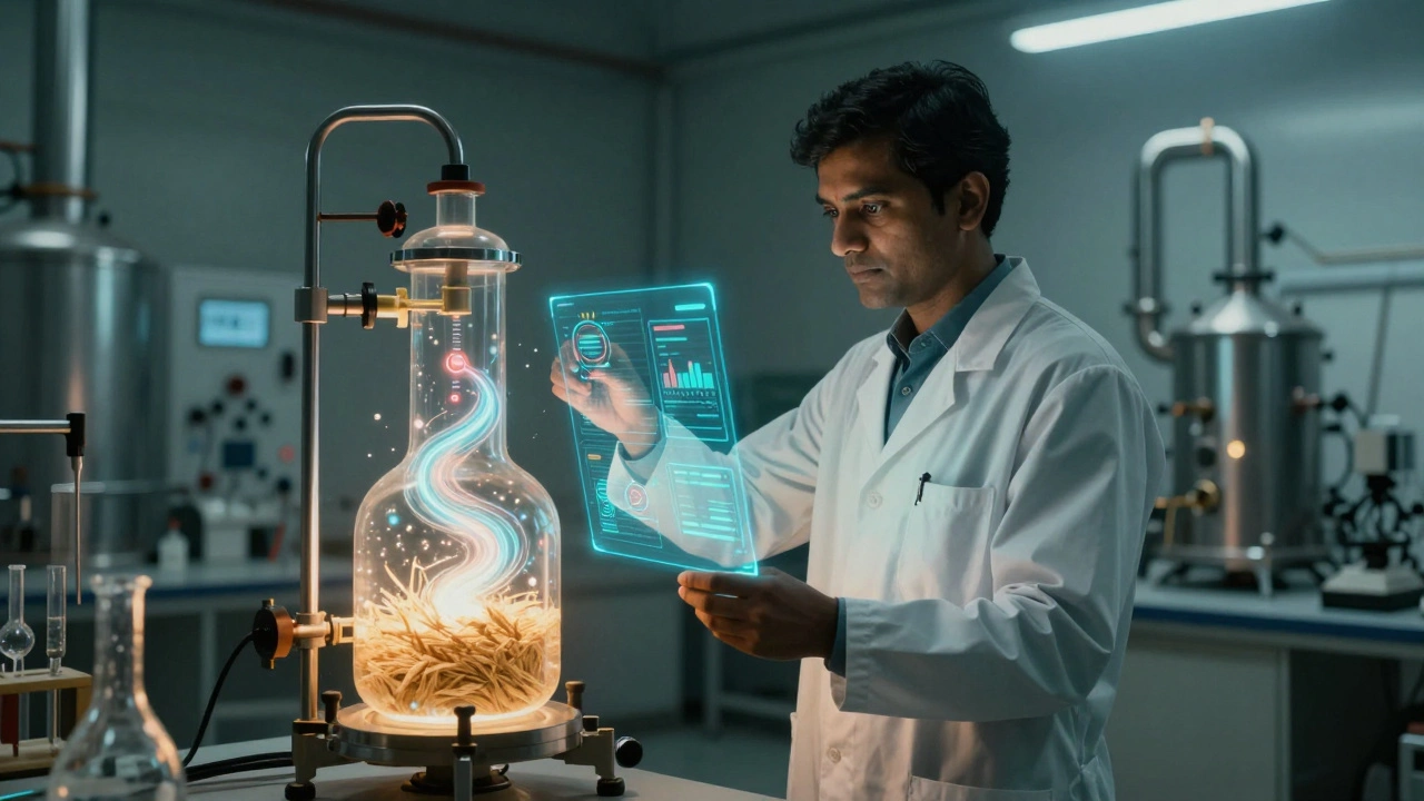 Engineer in lab beside bio-solvent reactor with holographic AI data, contrasting old and new plants.