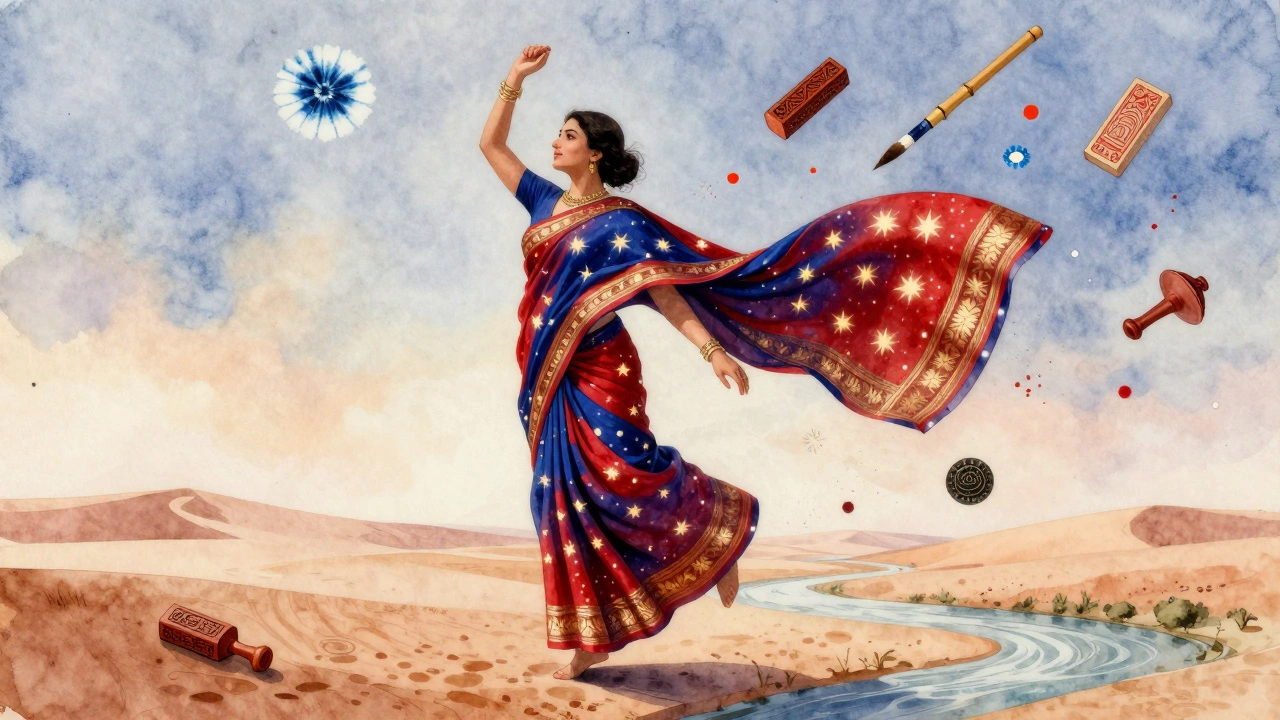 Floating Patola silk saree with intricate ikat patterns surrounded by traditional textile tools and motifs.