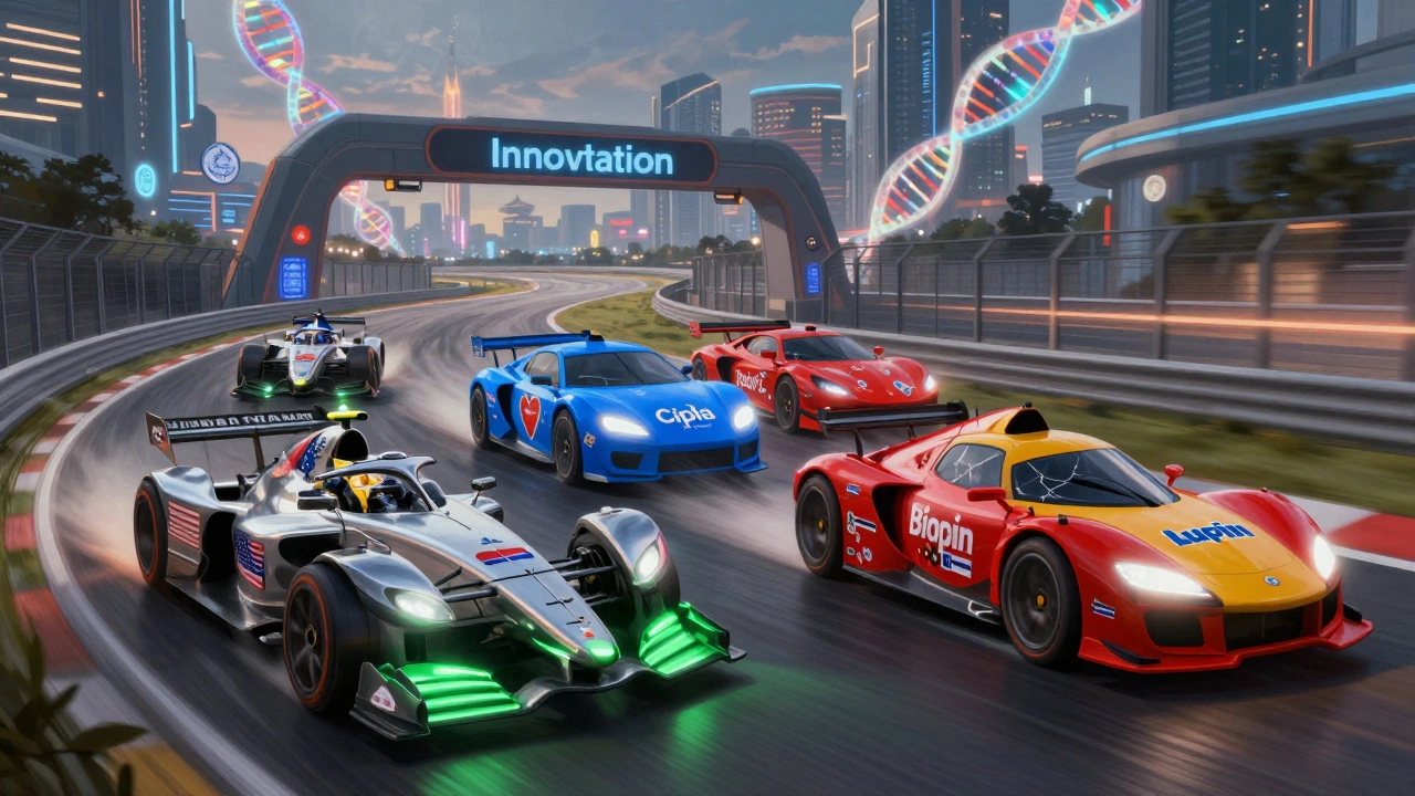 Futuristic race track with five pharma companies as cars, symbolizing competition in innovation and global growth.