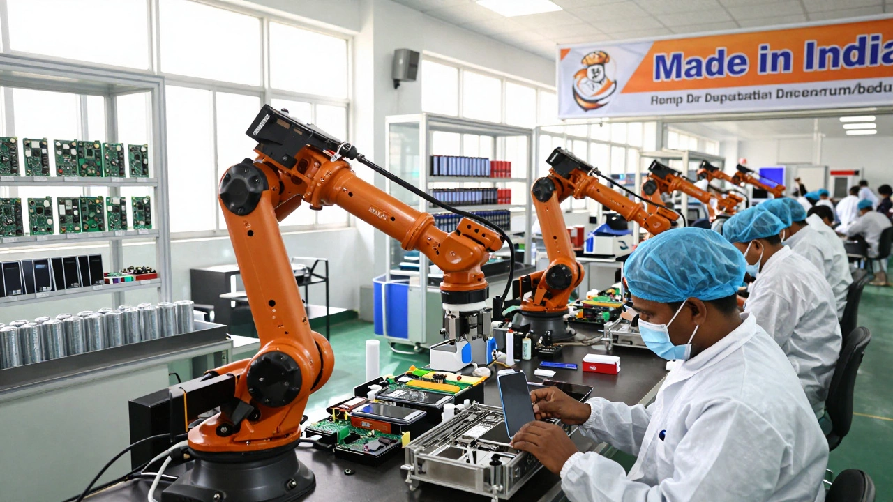 Indian factory workers assembling smartphones with locally made components in sunlight.