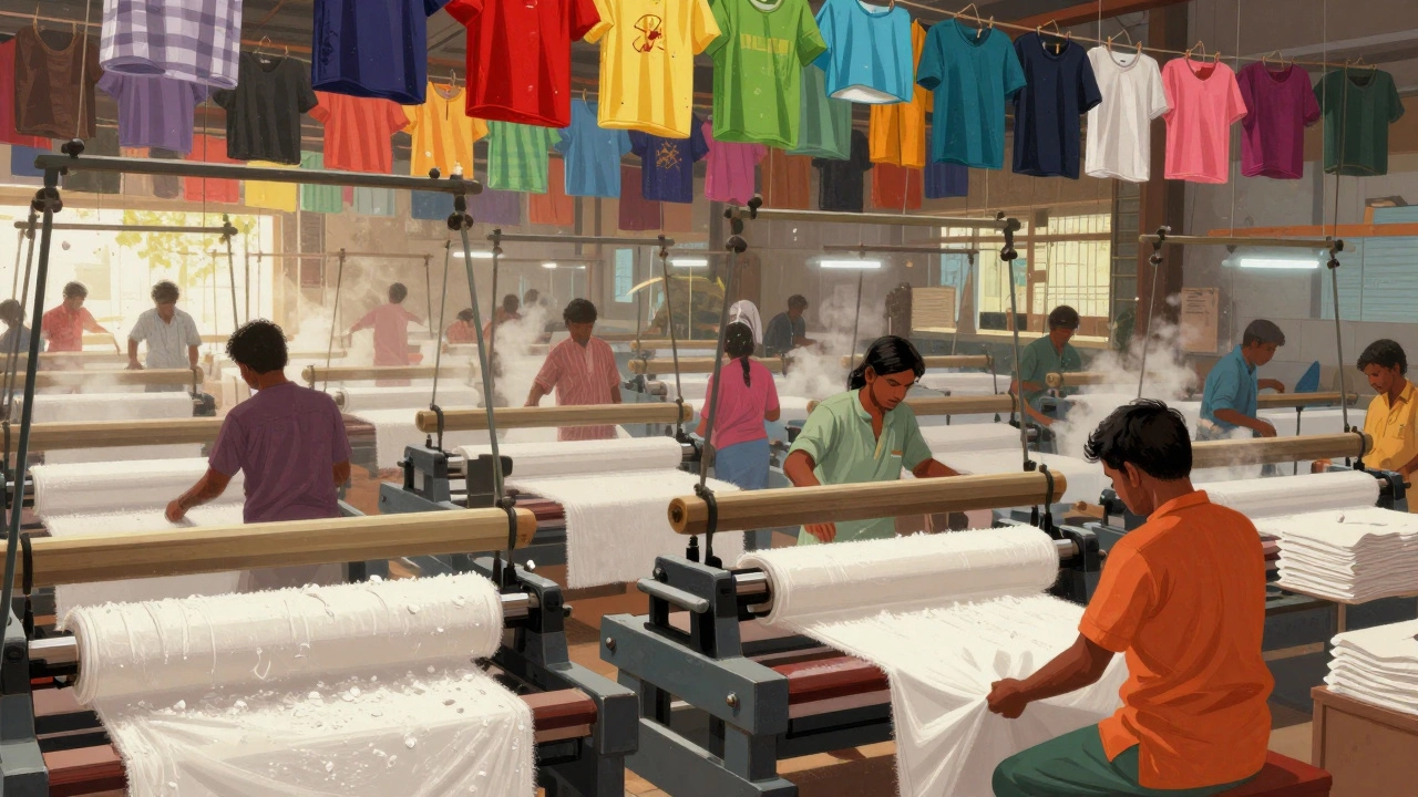 Industrial textile factory in Tiruppur producing cotton knitwear with vibrant fabrics hanging everywhere.