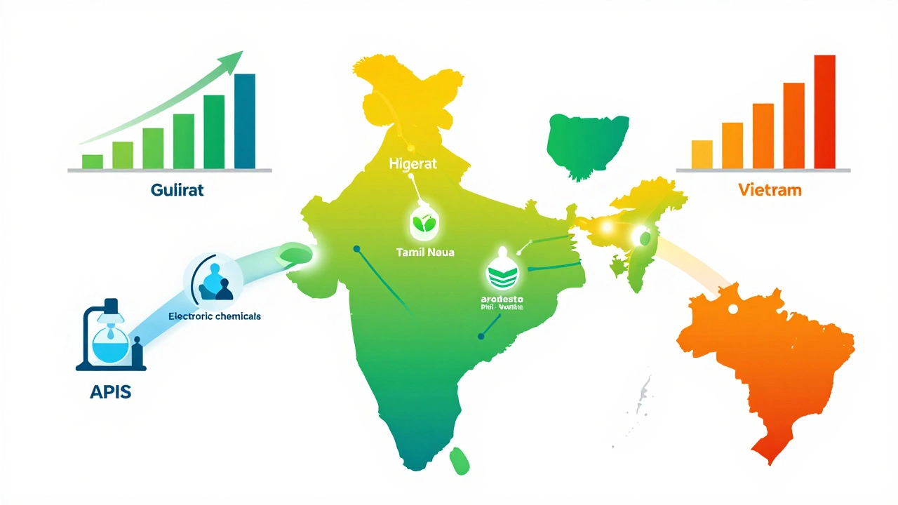 Map of India showing export routes of specialty chemicals to Africa, Southeast Asia, and Latin America.