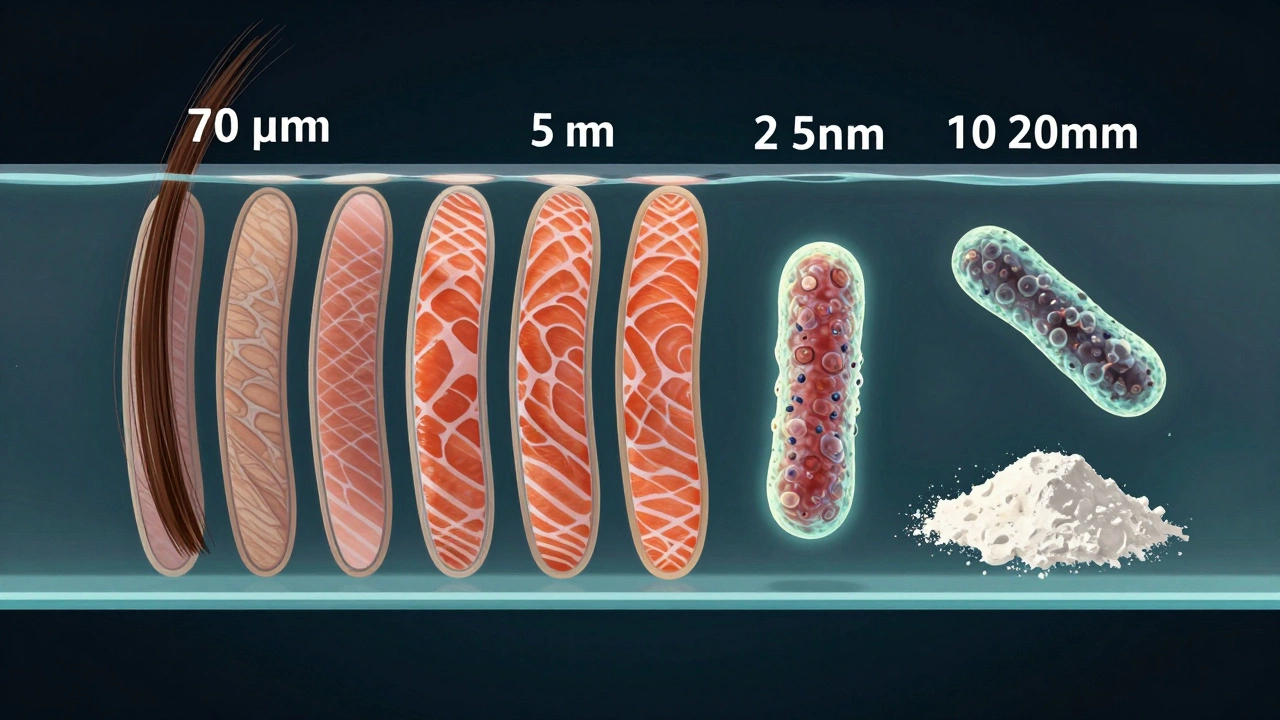 Scale comparison of human hair, bacteria, and food particles at 5 micrometers