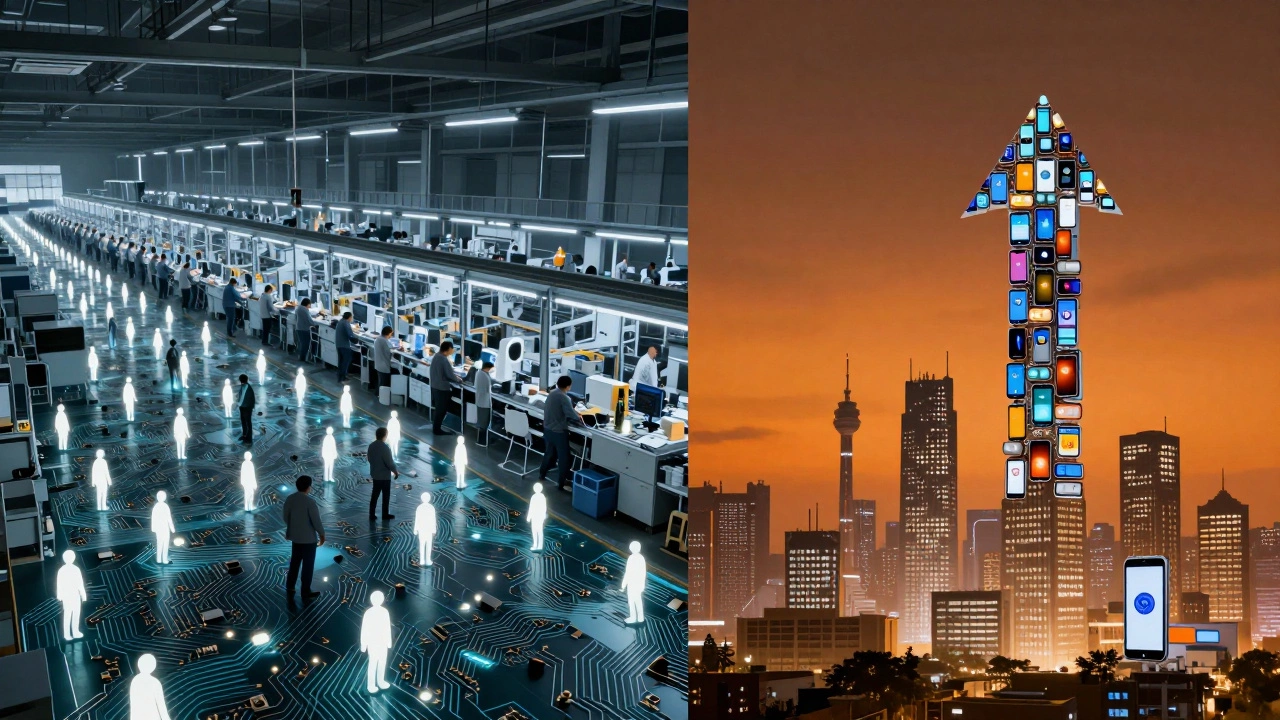 Split image showing China&#039;s industrial dominance versus India&#039;s rising electronics production.
