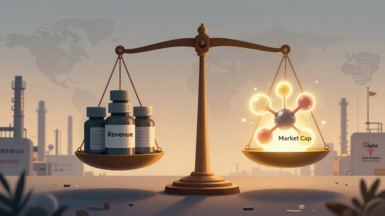 Symbolic balance scale contrasting generic pills with a glowing biotech molecule, representing revenue versus market value.