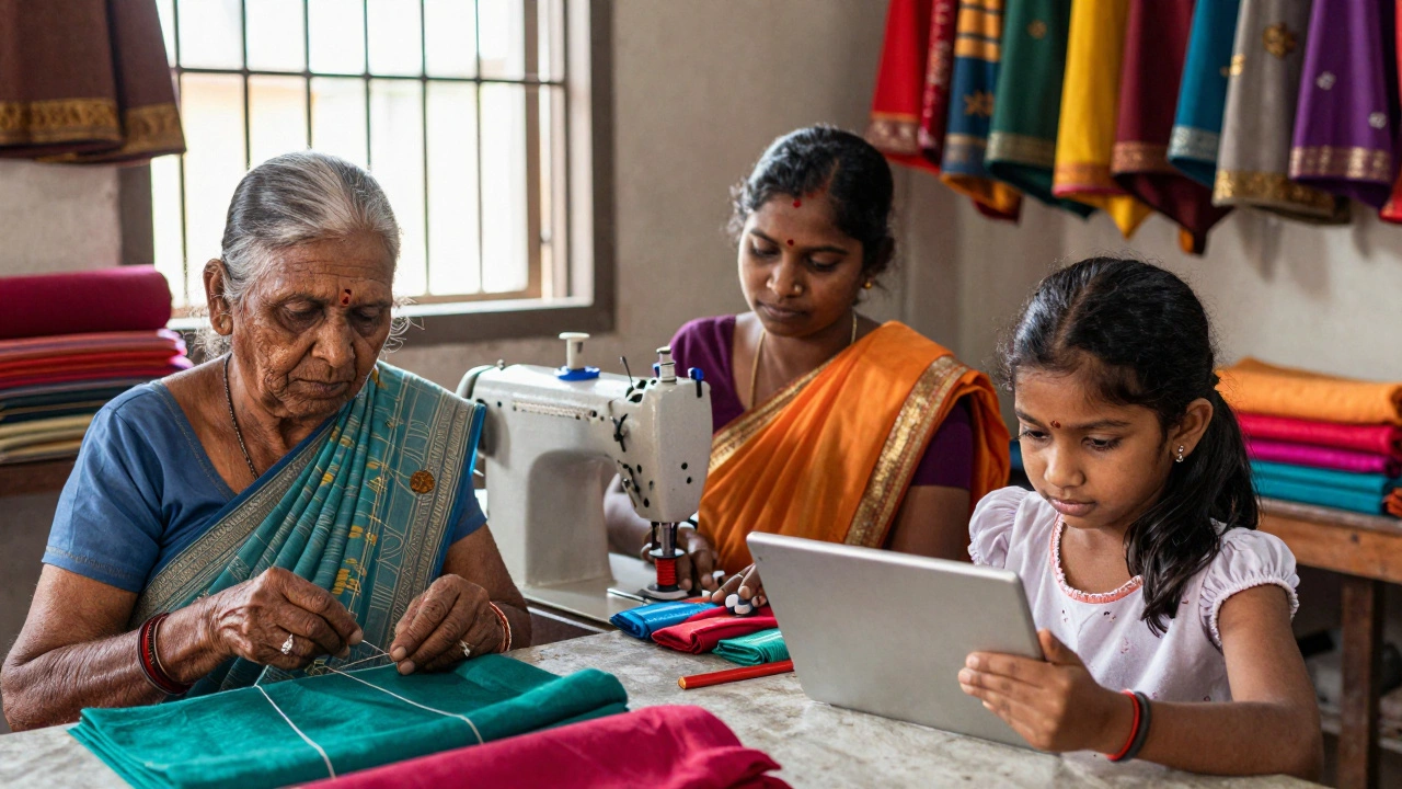 Three generations of a family working together in a textile unit in Tamil Nadu.