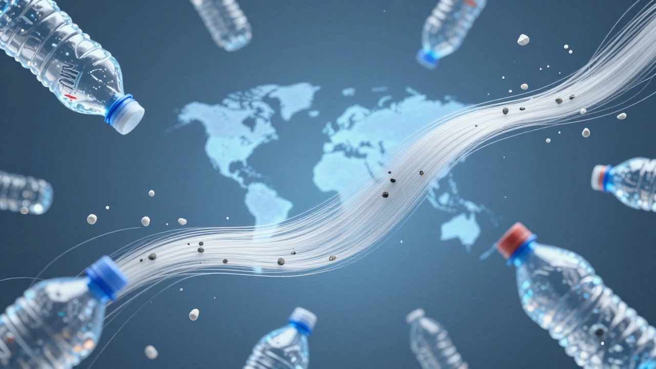 Ultra-fine polyester filament spun from recycled plastic bottles, with global brand reflections.