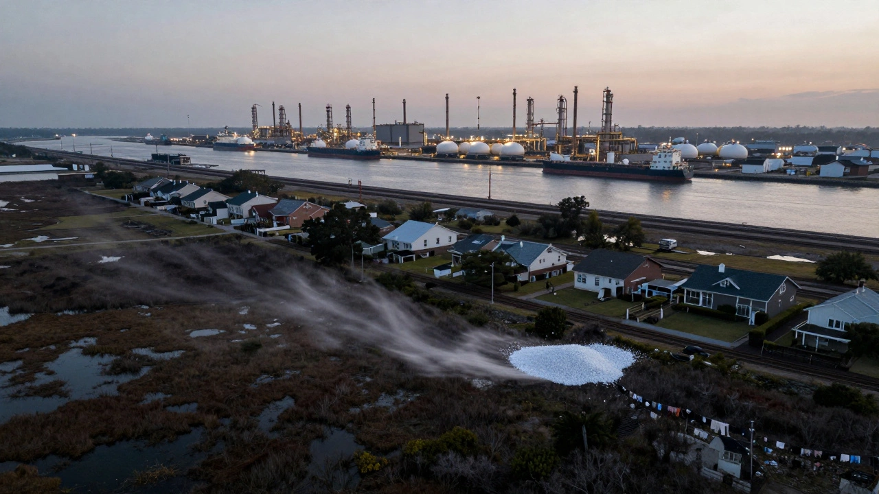 Aerial view of the Houston Ship Channel with chemical plants and a plastic pellet drifting over a coastal marsh.