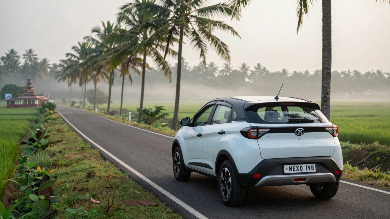 An expat driving an electric car along scenic hill roads in Kerala, India.