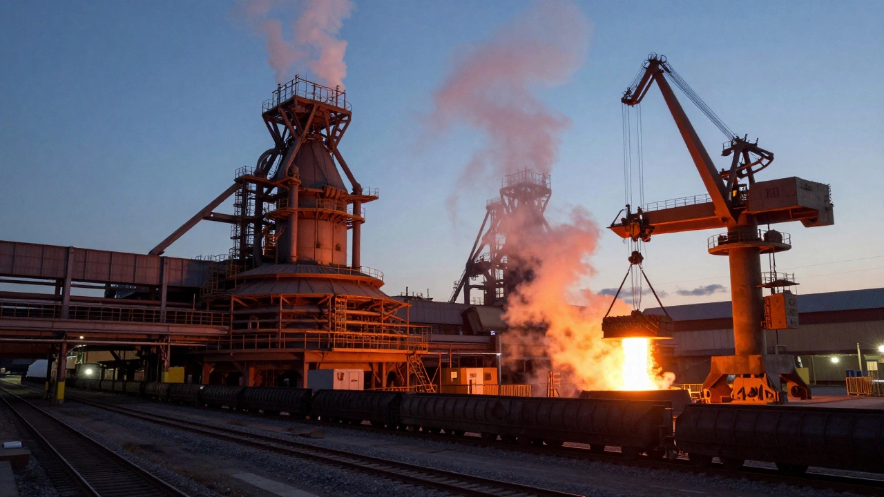 ArcelorMittal's Gary Works steel mill at dawn with blast furnaces and steam rising against a cold horizon.