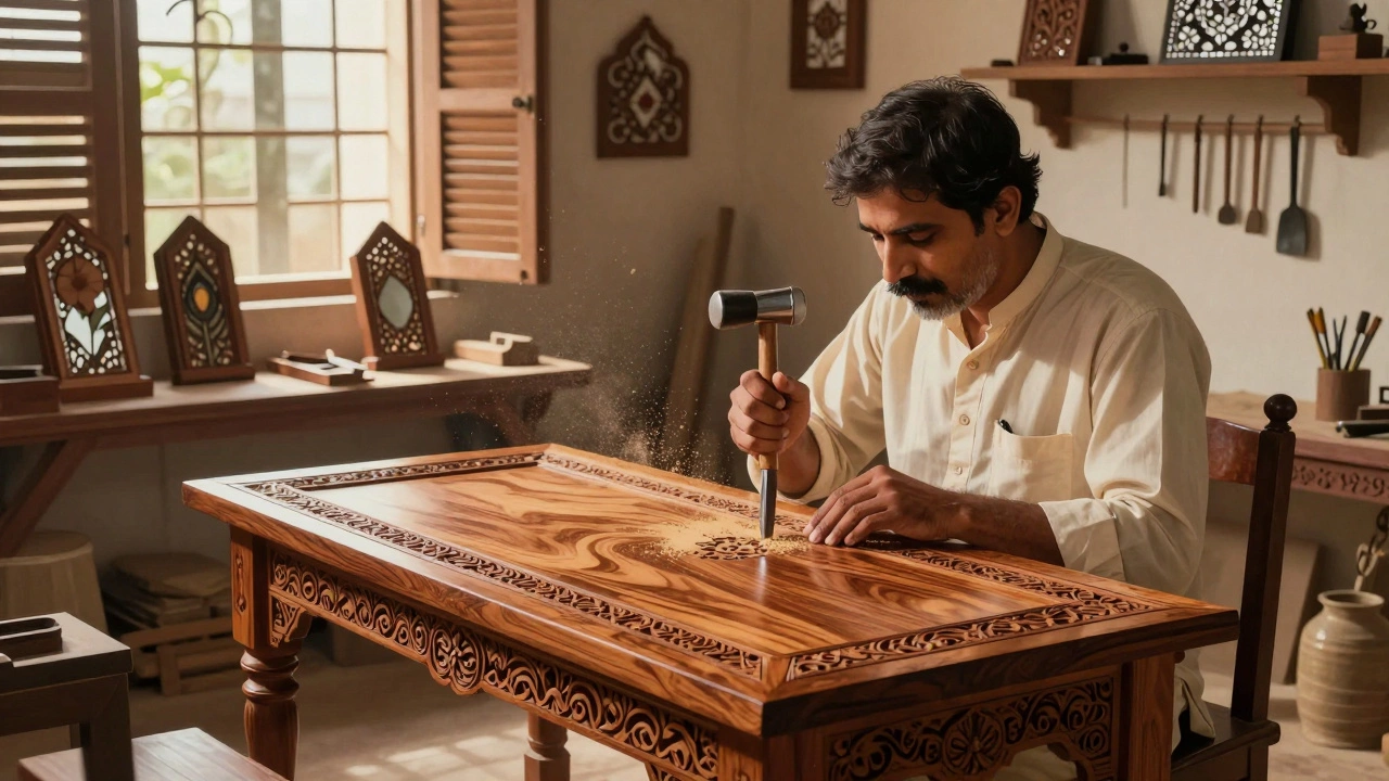 Artisan carving intricate designs into sheesham wood in a traditional Uttar Pradesh workshop.