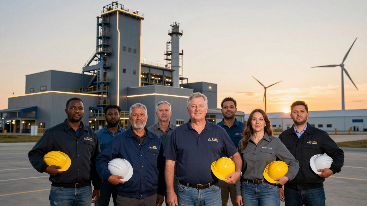 Diverse group of local workers standing proudly in front of the new U.S. Steel plant at sunset.