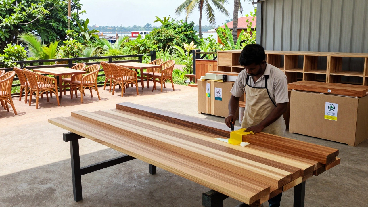Eco-friendly outdoor furniture being finished in a sustainable Tamil Nadu factory.