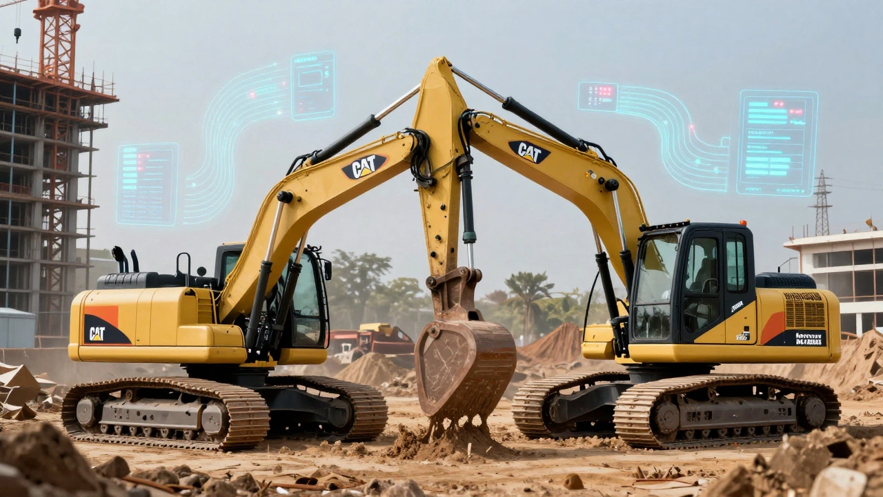 Electric Caterpillar excavator with digital telemetry glowing beside a traditional Komatsu machine.