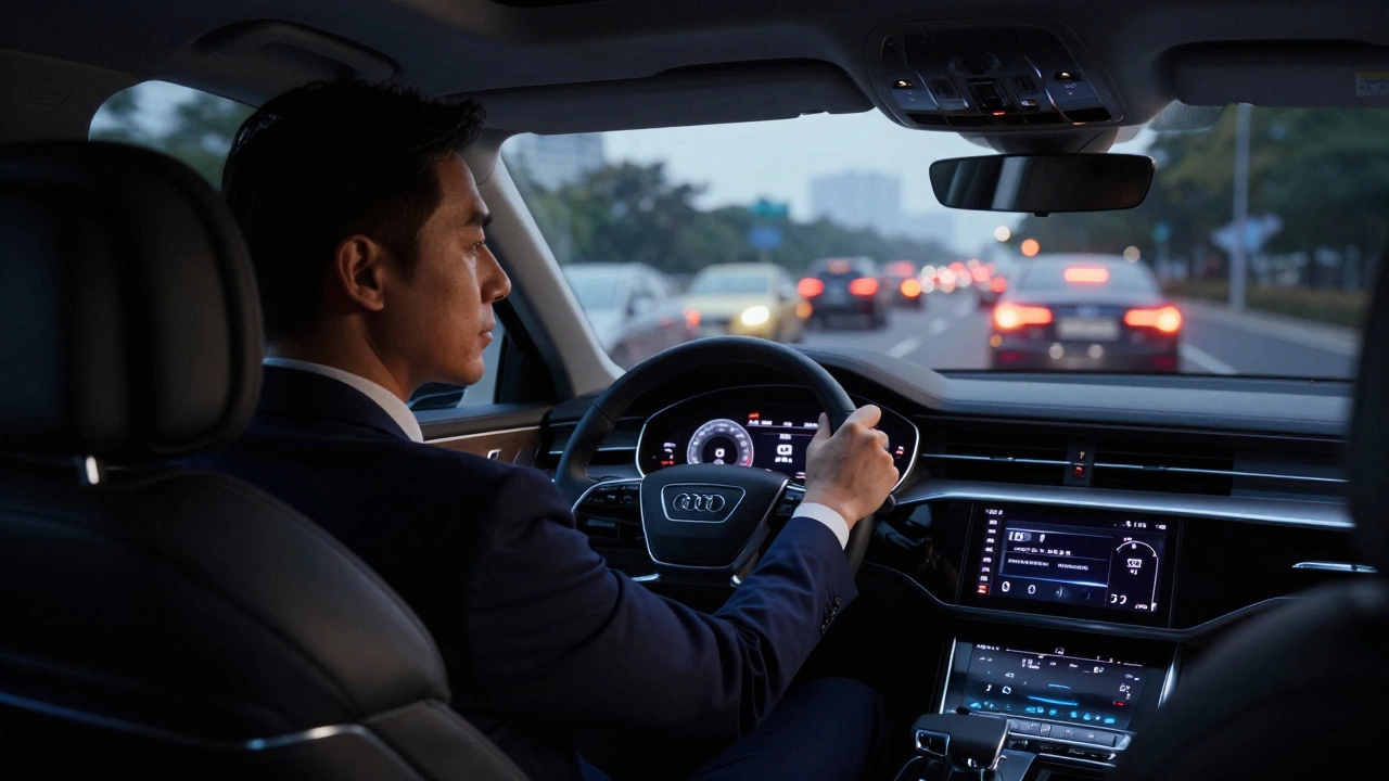 Inside an Audi A8, a driver experiences calm amid Delhi's chaotic streets, lit by glowing dashboard screens.