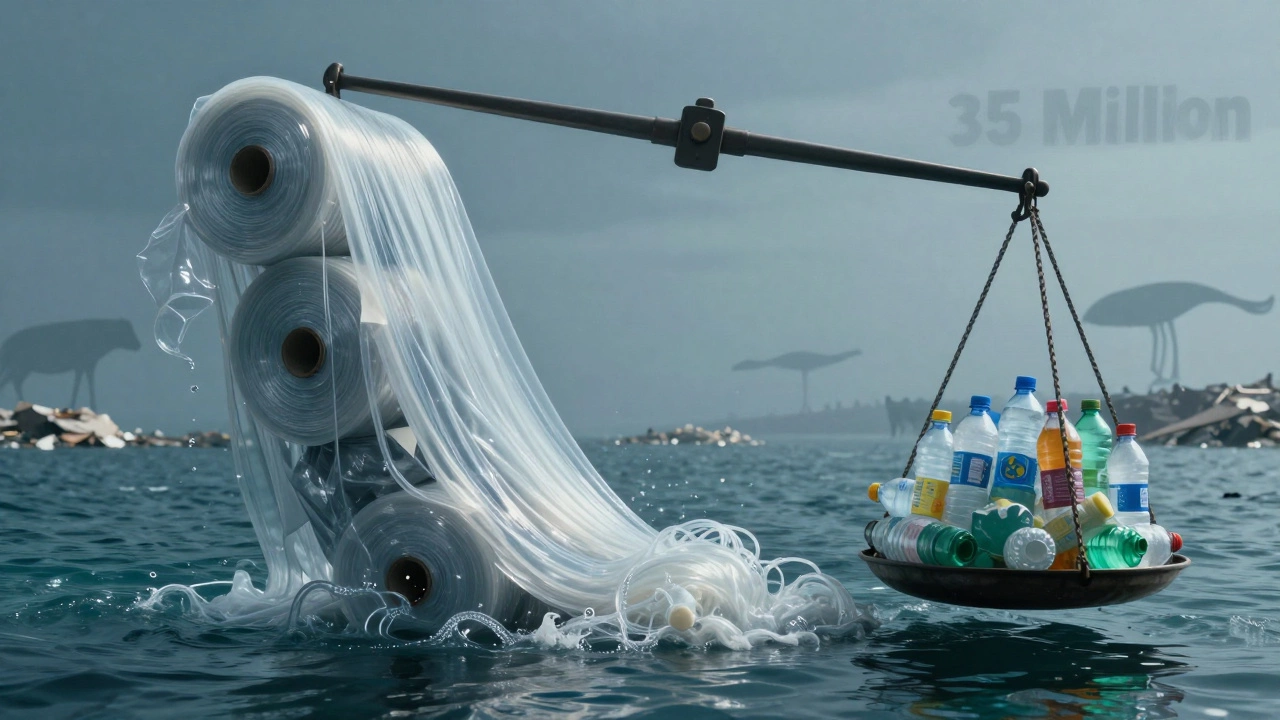 Massive scale tipping under plastic film versus bottles, with environmental damage in background.