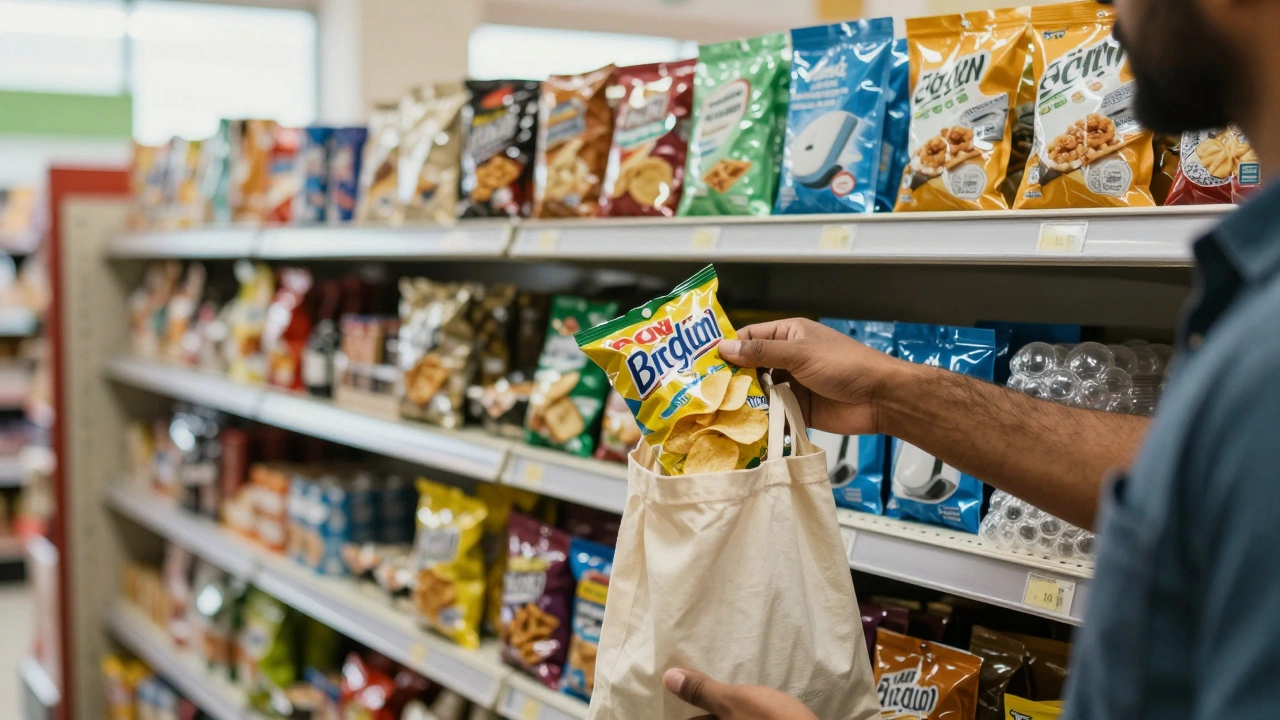 Shopper rejecting plastic-wrapped snack in Indian supermarket, surrounded by packaged goods.