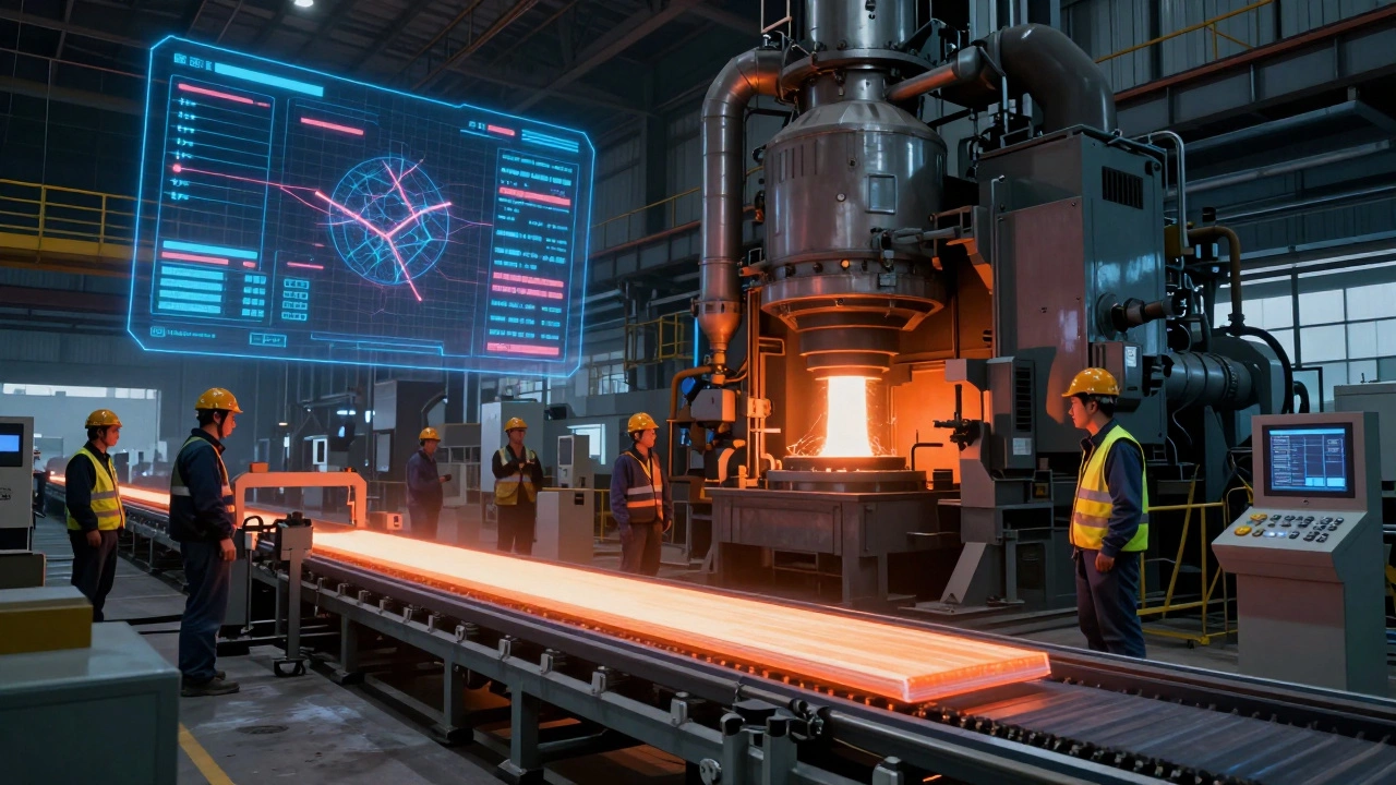 Workers monitor AI-controlled steel production line with glowing slabs and holographic data.