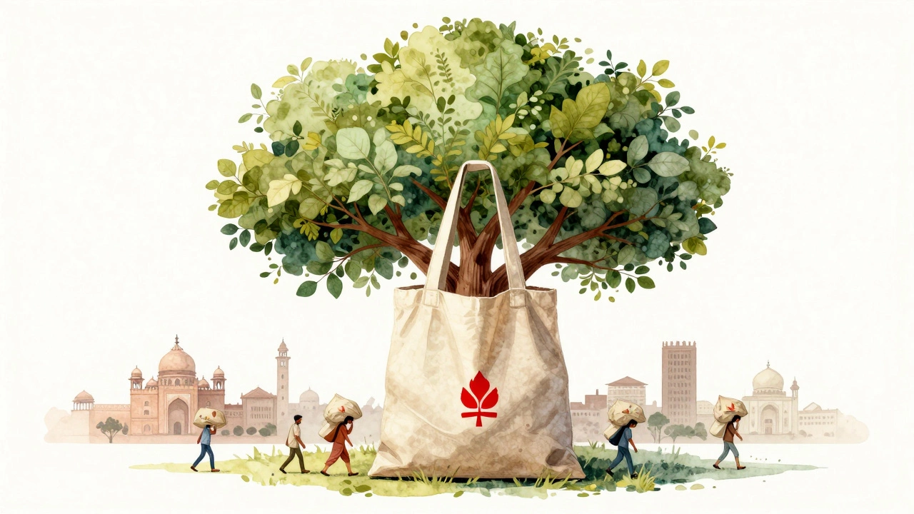 A cloth bag transforming into a tree, symbolizing environmental sustainability and community impact.