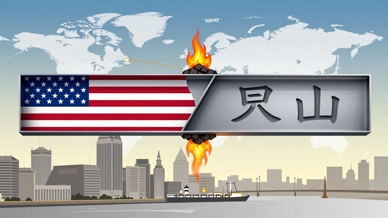 A steel beam merging American and Japanese design elements, with hydrogen flames replacing coal smoke.