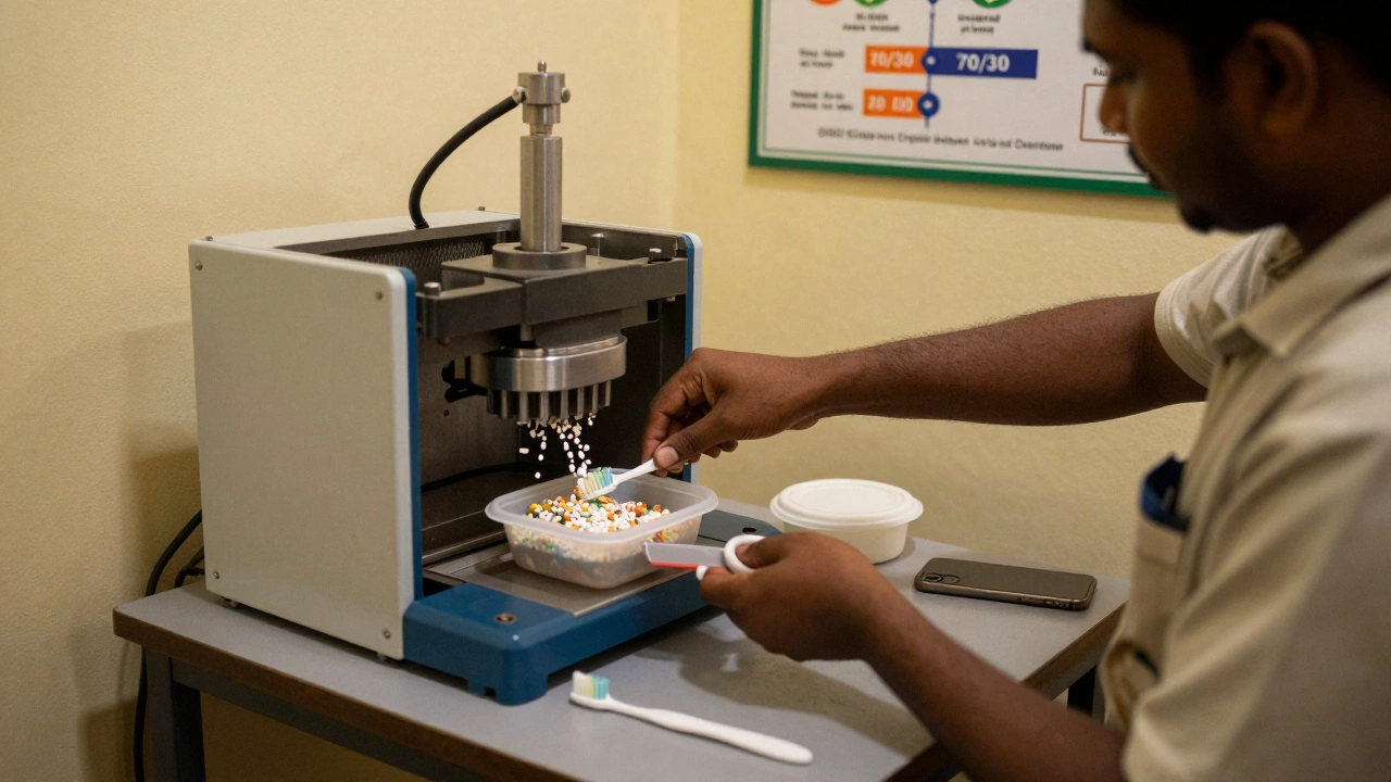 A technician at a small Indian factory feeding recycled plastic pellets into a molding machine, with finished products on table.