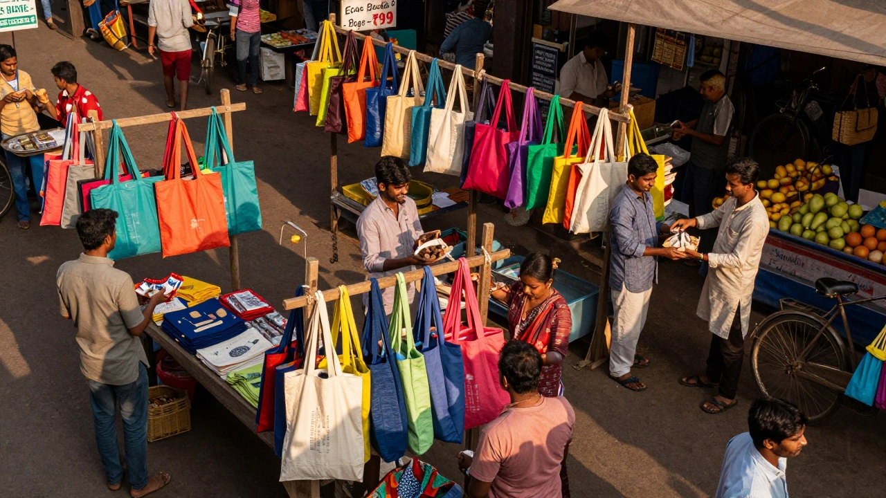 A vibrant Indian market stall selling reusable cloth bags to smiling customers.