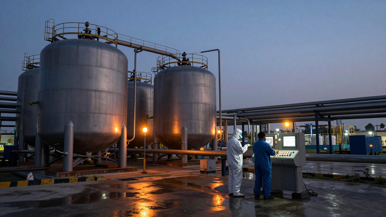 Industrial chemical plant in Gujarat supplying caustic soda to textile and water treatment facilities.