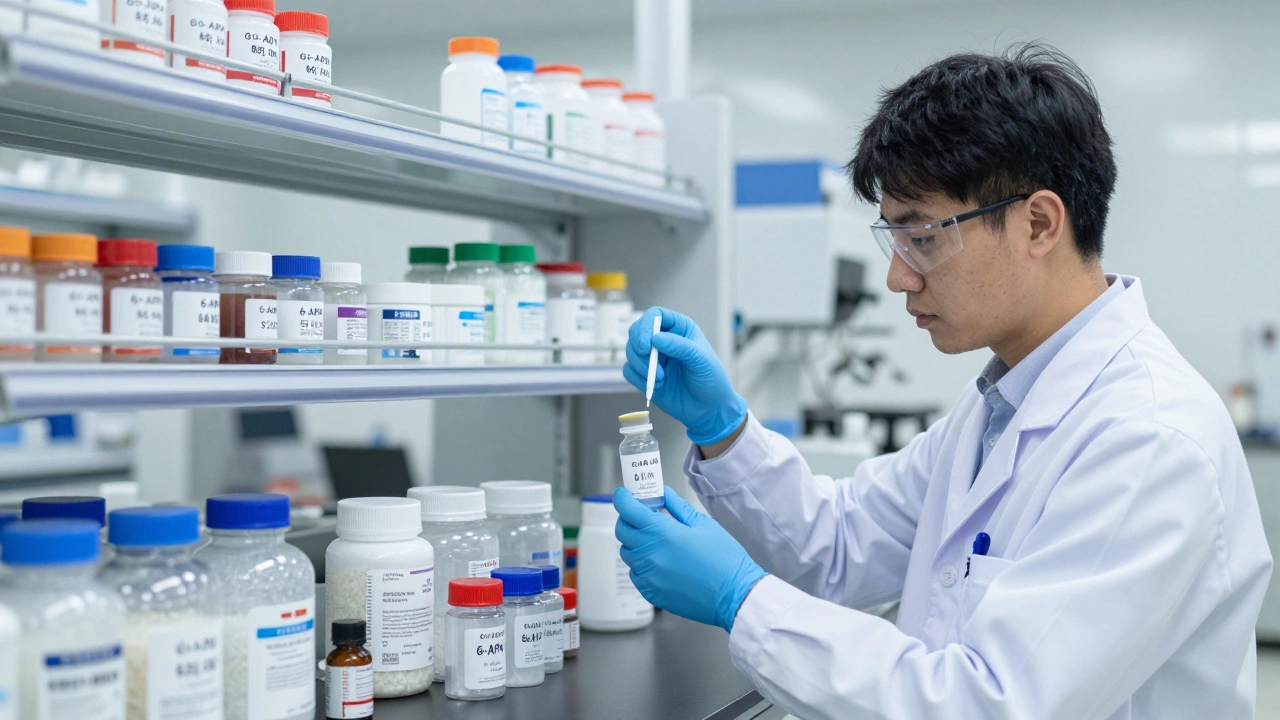 Scientists in a Hyderabad lab analyzing pharmaceutical intermediates for generic medicine production.