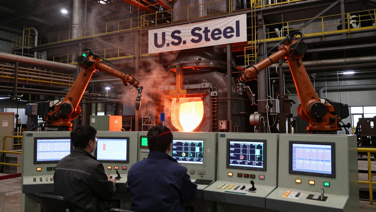 Workers monitoring digital controls in a modernized U.S. steel plant as blast furnaces glow in the background.