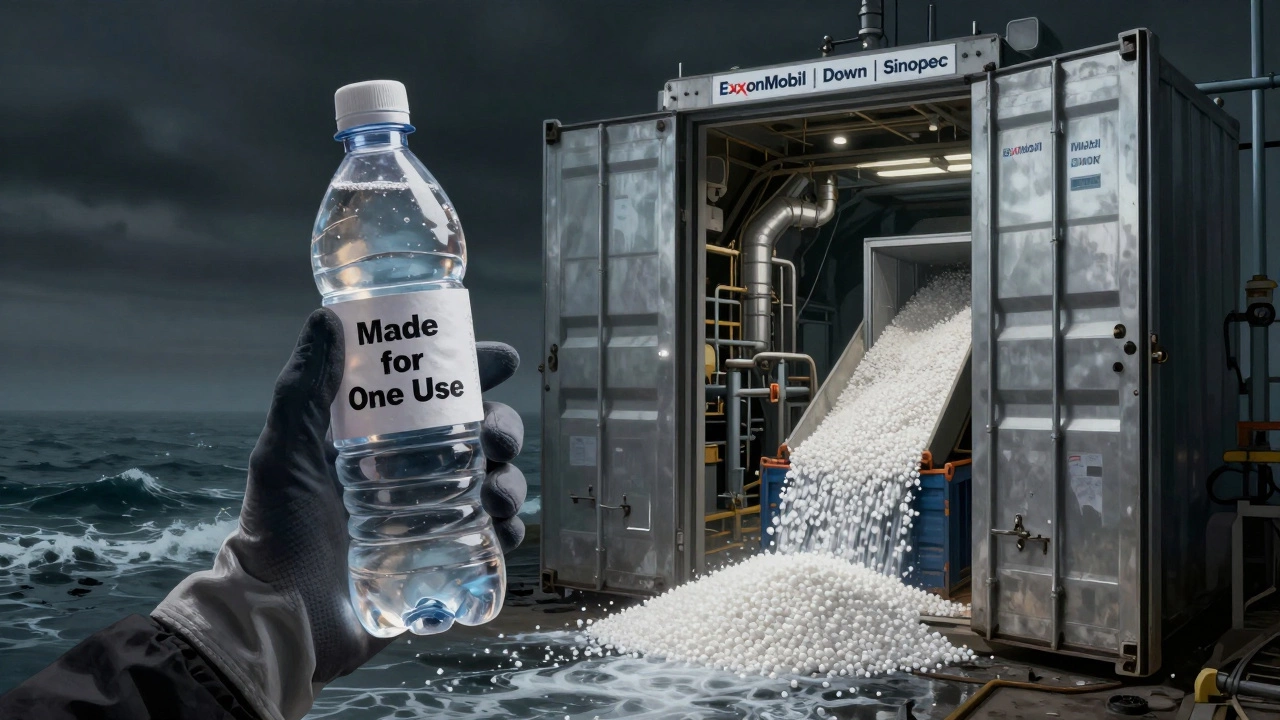 A symbolic split image: a single-use plastic bottle on one side, a massive factory producing resin pellets on the other.
